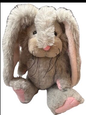 Gray tan BUNNY RABBIT long pink ears pink nose VINTAGE Midwest importers USA 16”